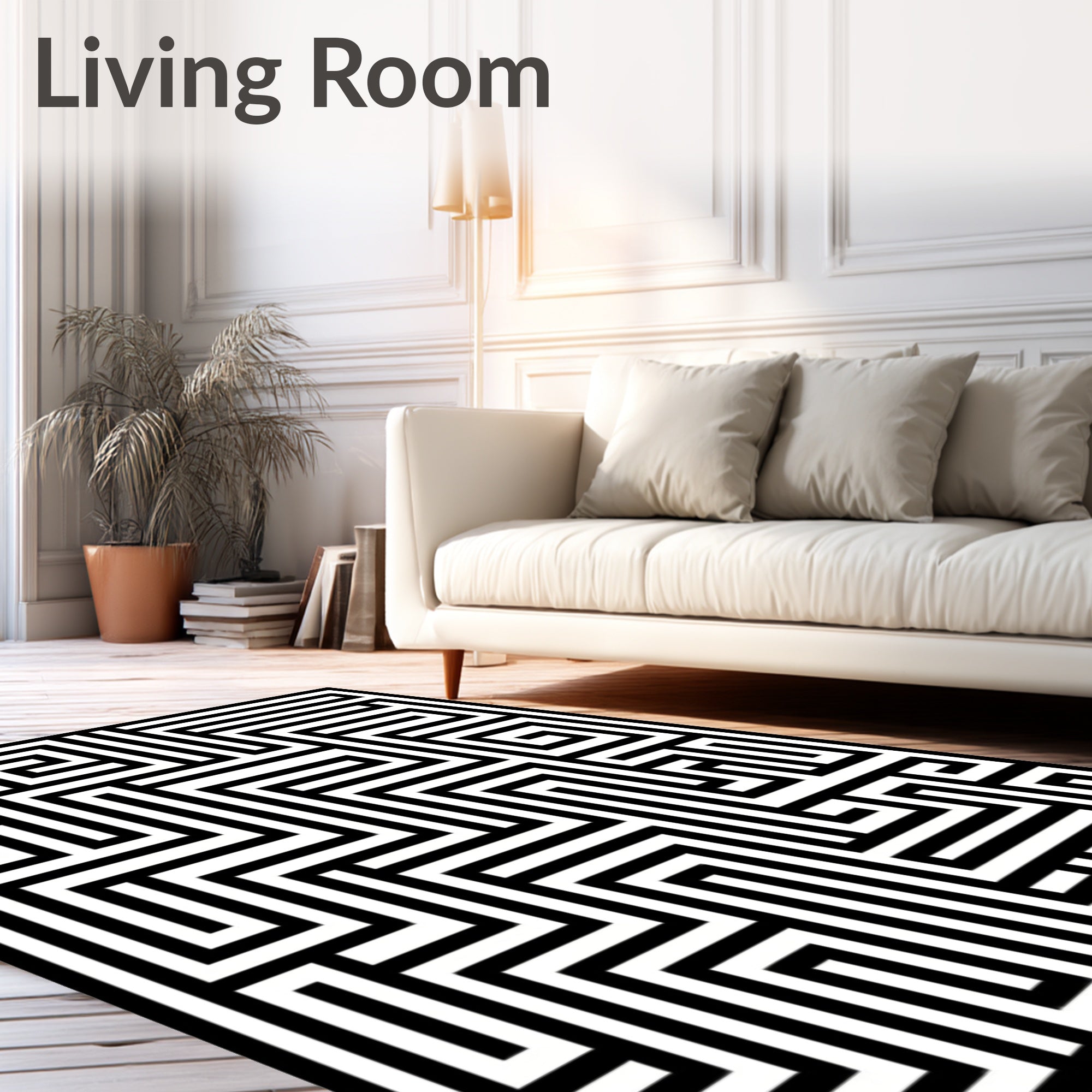 Black White Maze Lines Rug
