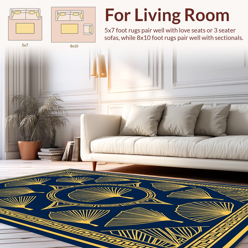 Navy Gold Fan Pattern Decor Rug