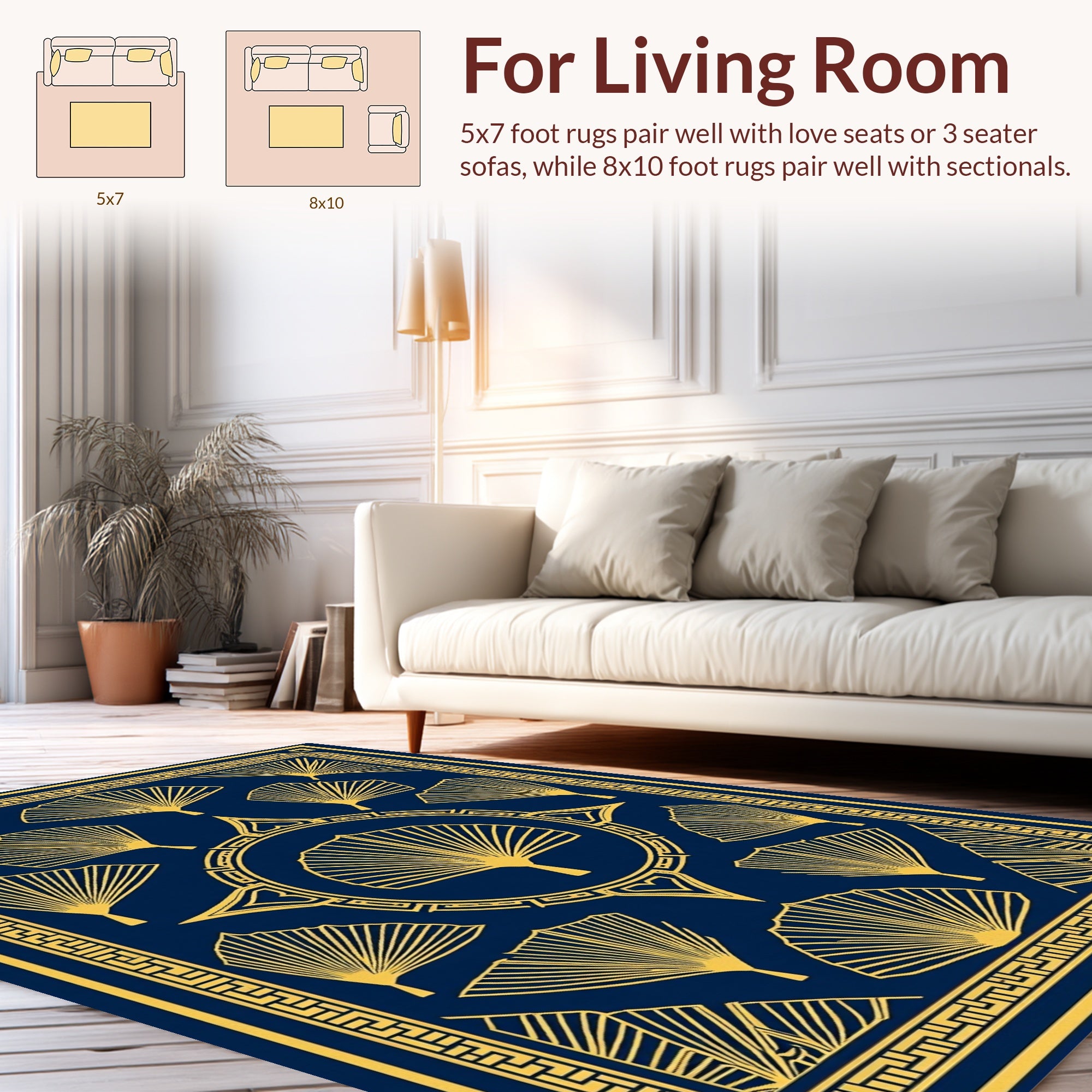 Navy Gold Fan Pattern Decor Rug