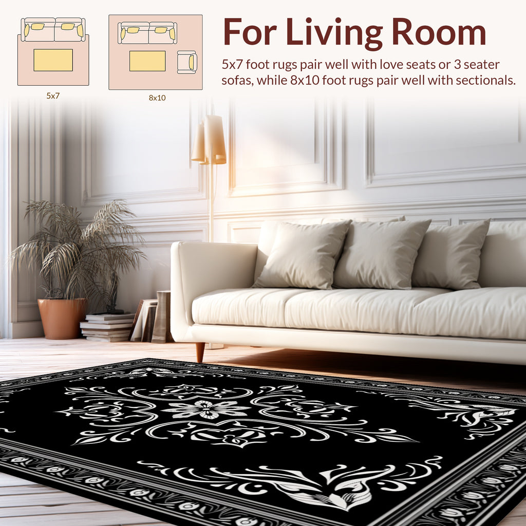 Classic Black White Floral Damask Pattern Rug