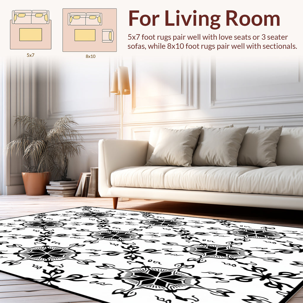 Elegant Black White Floral Motif Rug