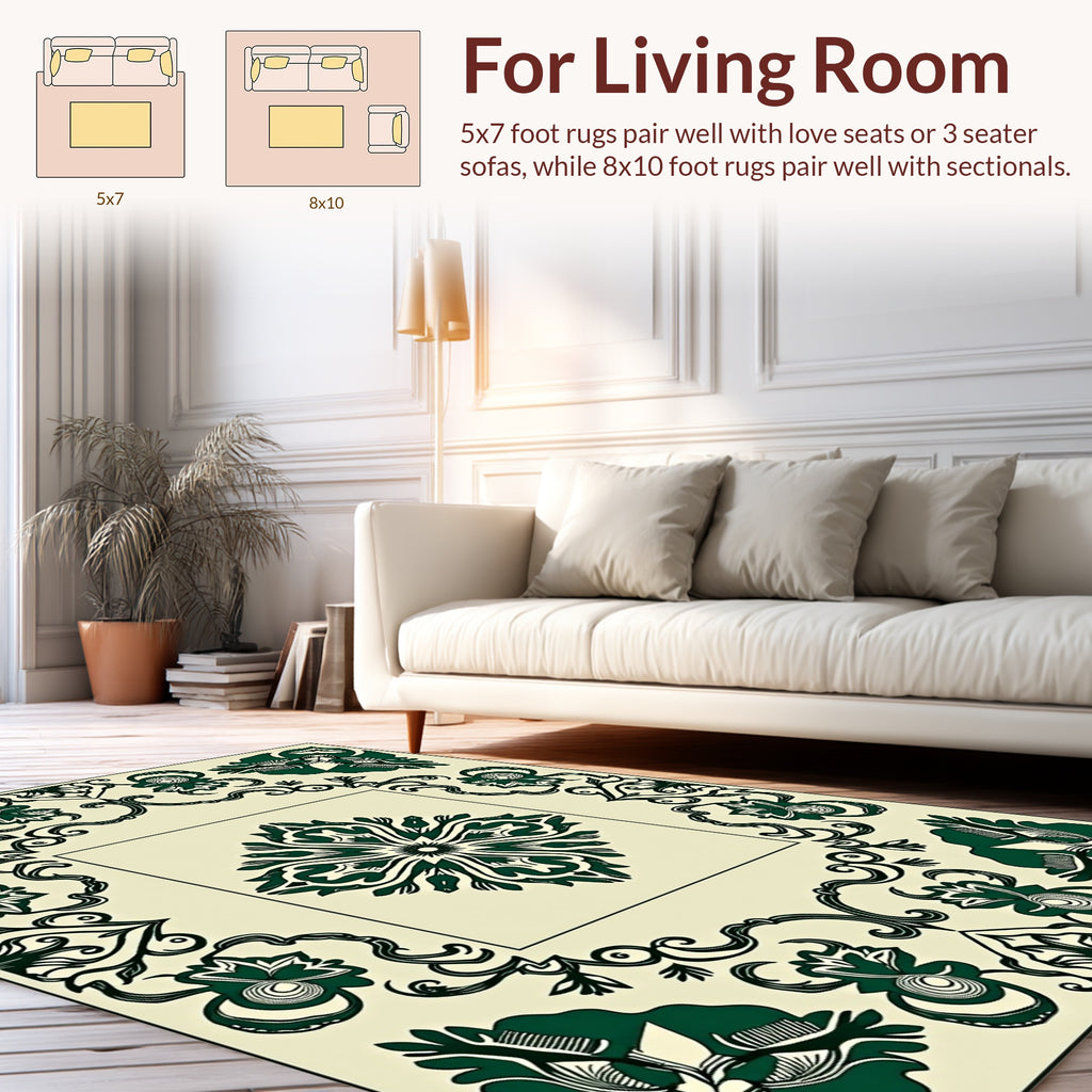 Dark Green floral Scrollwork Pattern Rug