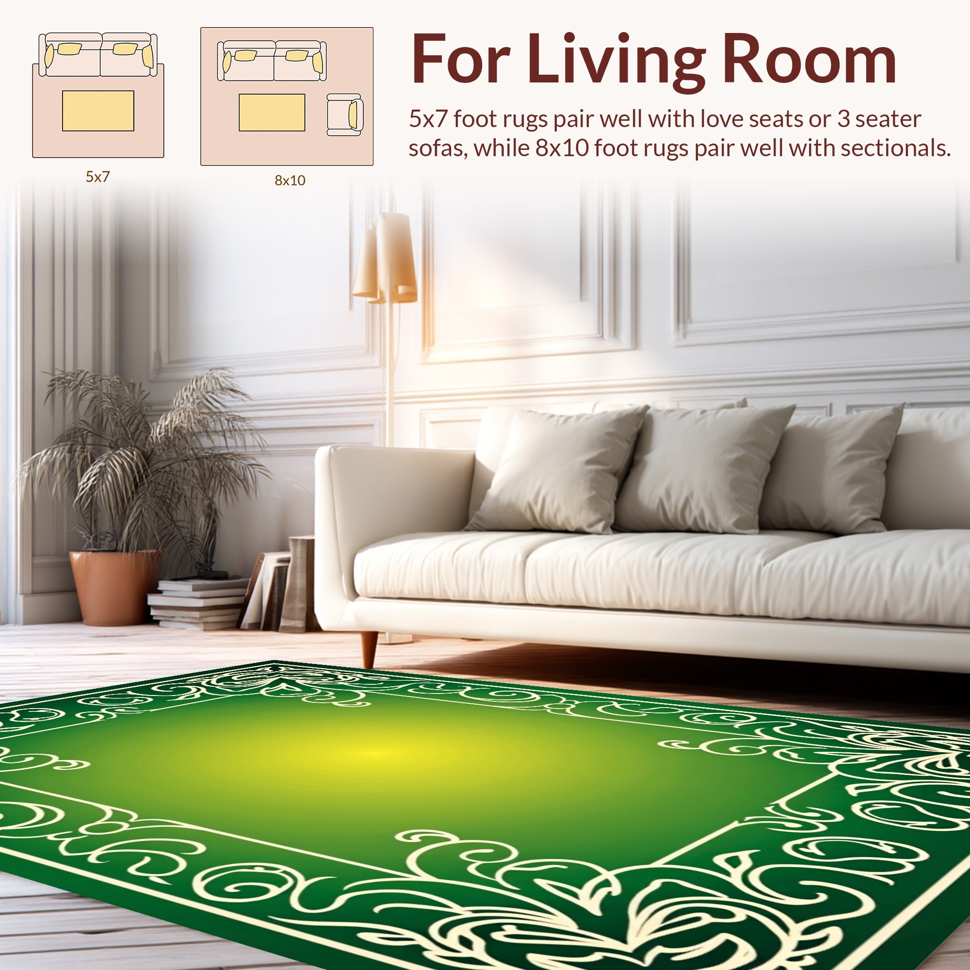 Green White Elegant Scrollwork Pattern Rug