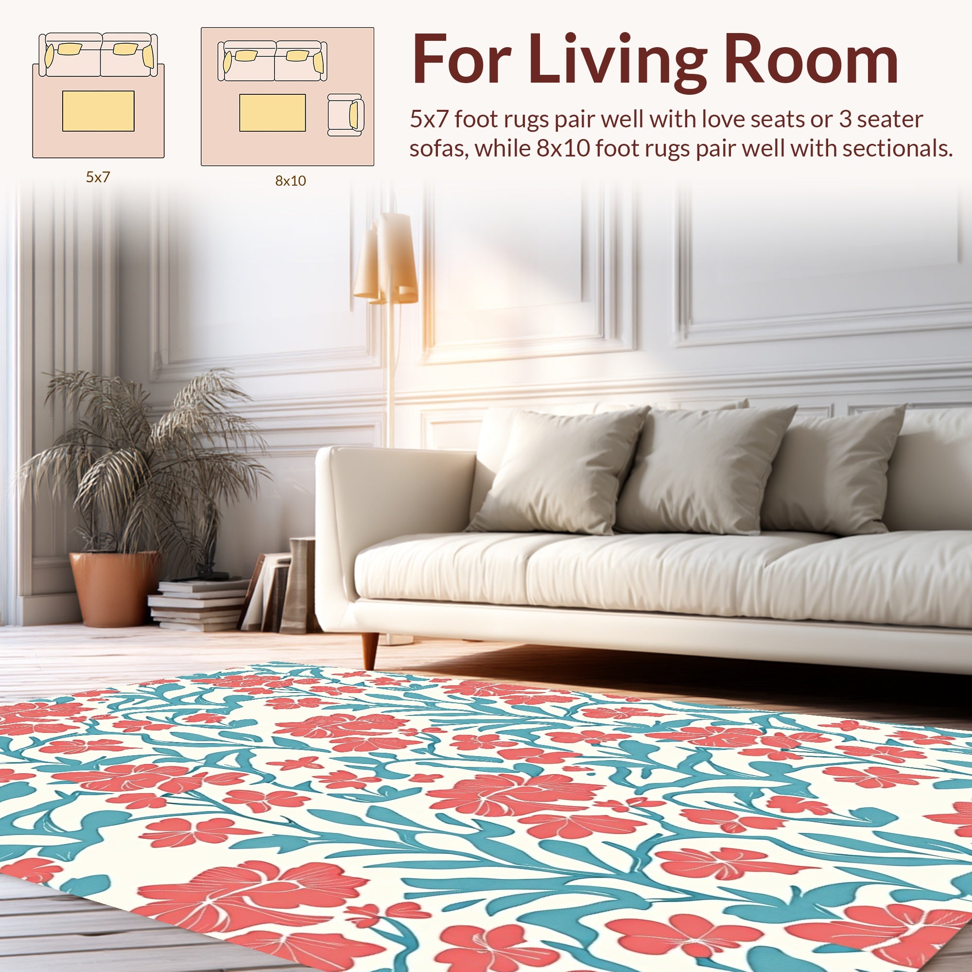 Coral And Teal Floral Vine Design Rug