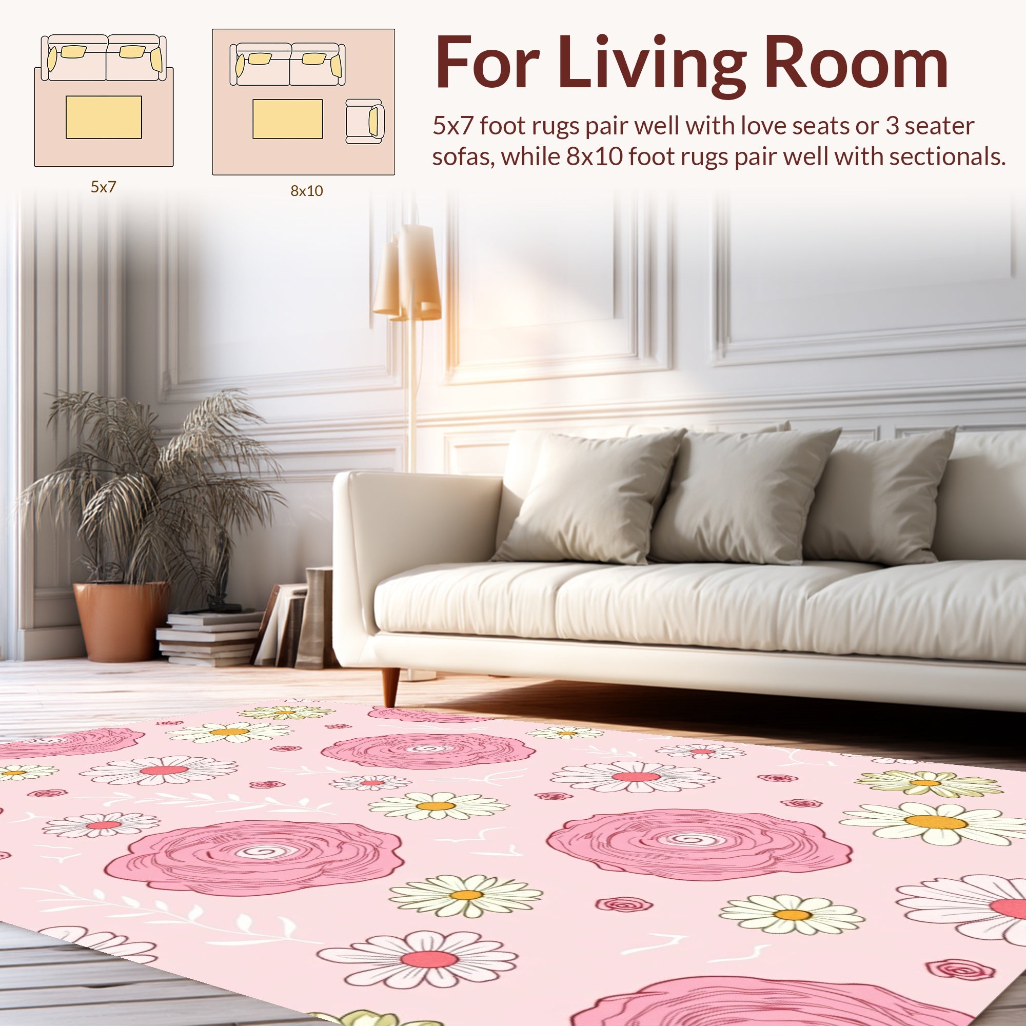Pink Rose Daisy Floral Pattern Rug