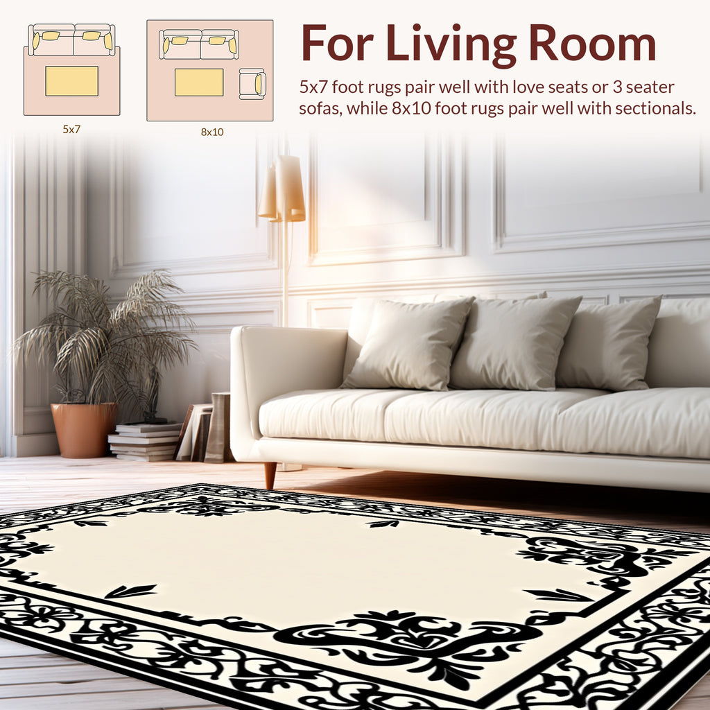 Black And White Ornate Floral Border Rug