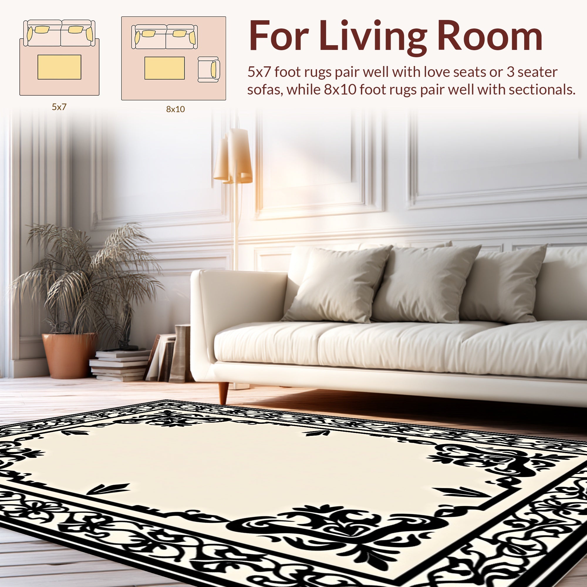 Black And White Ornate Floral Border Rug