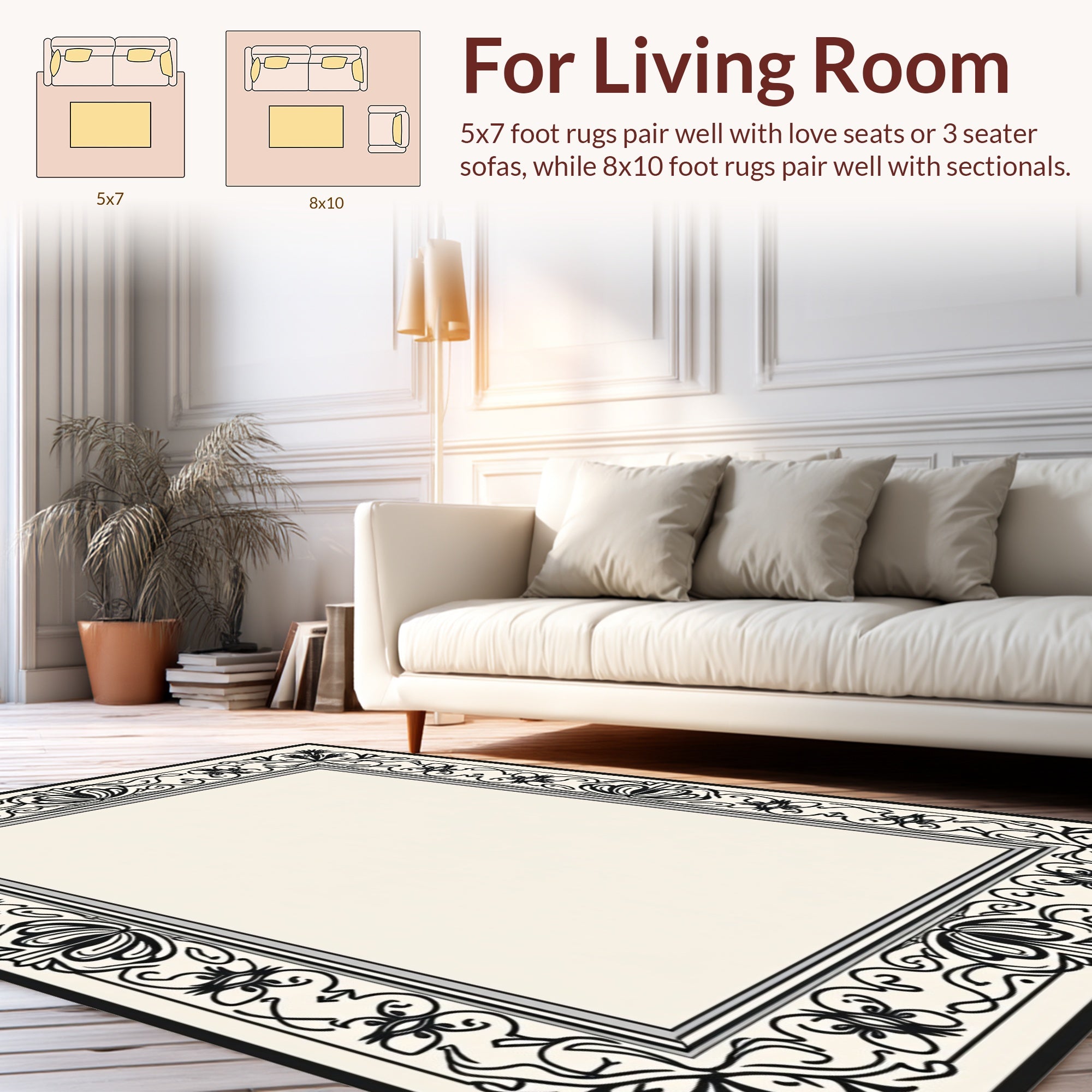 Ornate Black Floral Border Design Rug