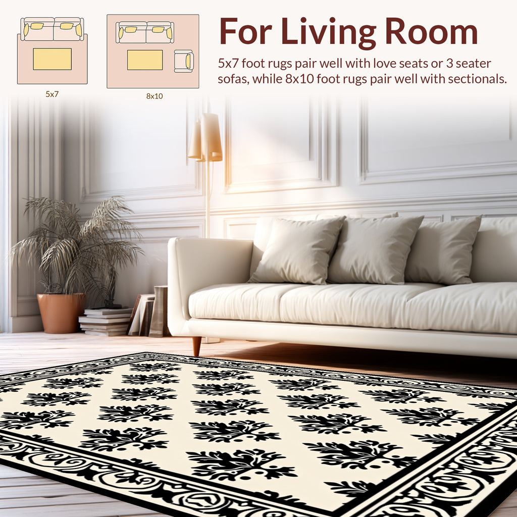 Classic Black Damask Floral Design Rug