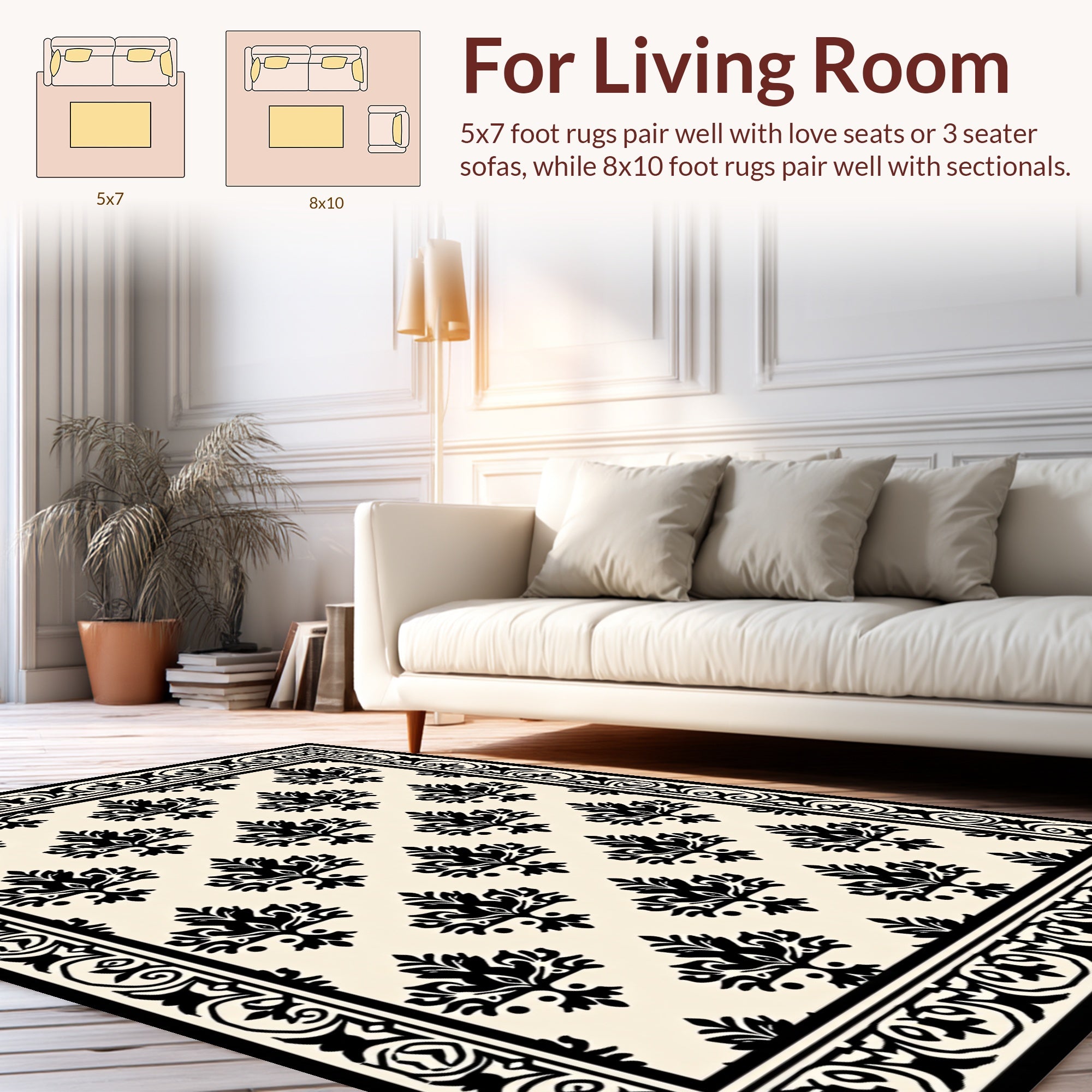 Classic Black Damask Floral Design Rug