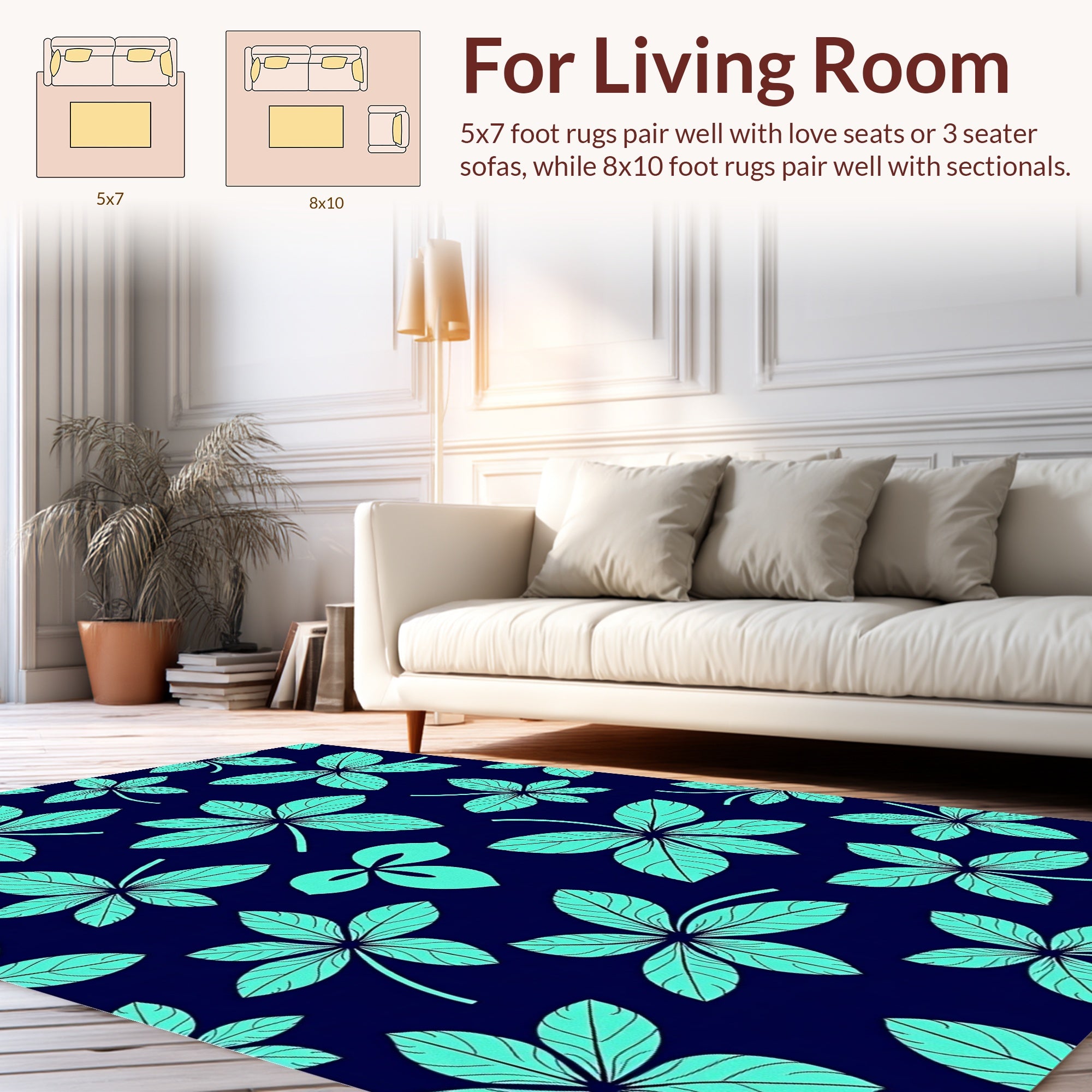 Aqua Leaf Pattern on Dark Blue Rug