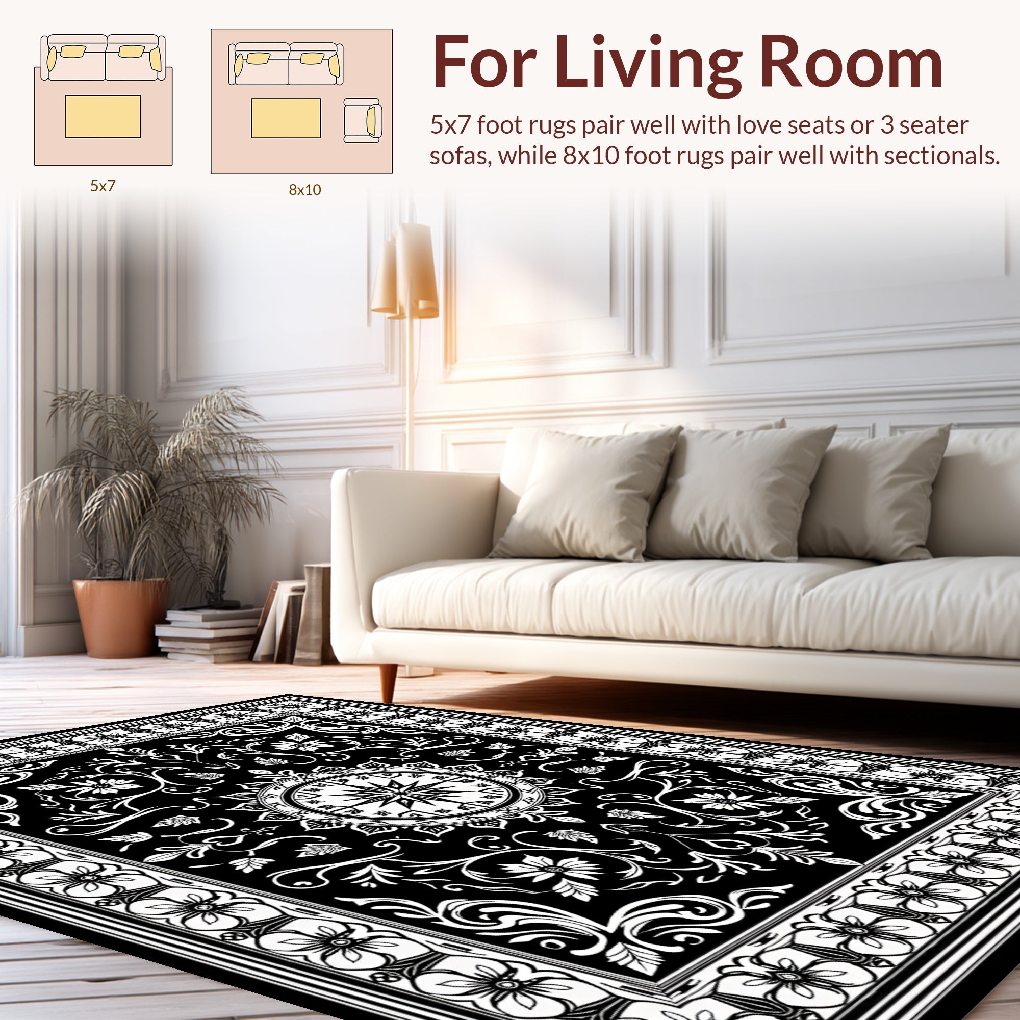 Intricate Floral Mandala Black White Design Rug