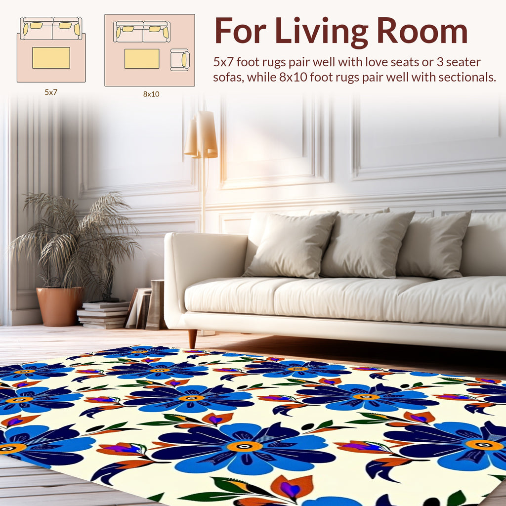 Bold Blue Floral Pattern Design Rug