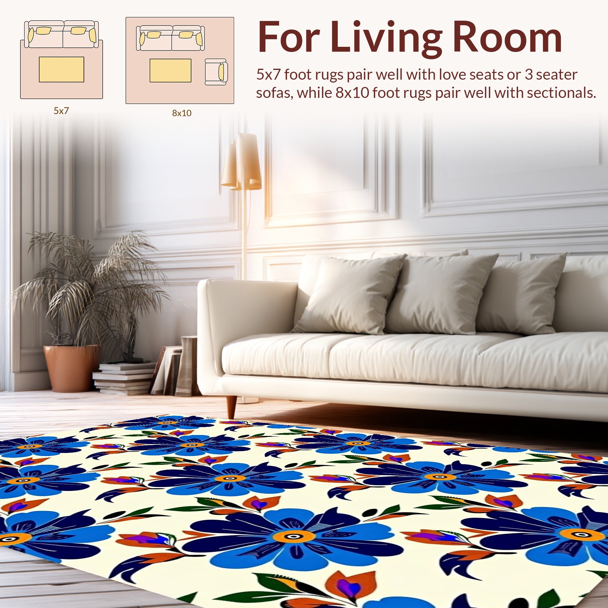 Bold Blue Floral Pattern Design Rug