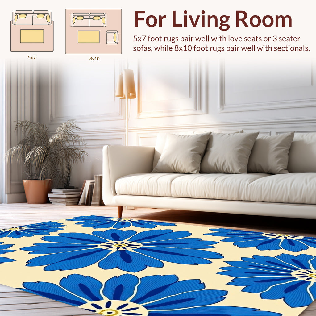 Bold Blue Floral Patterned Accent Rug