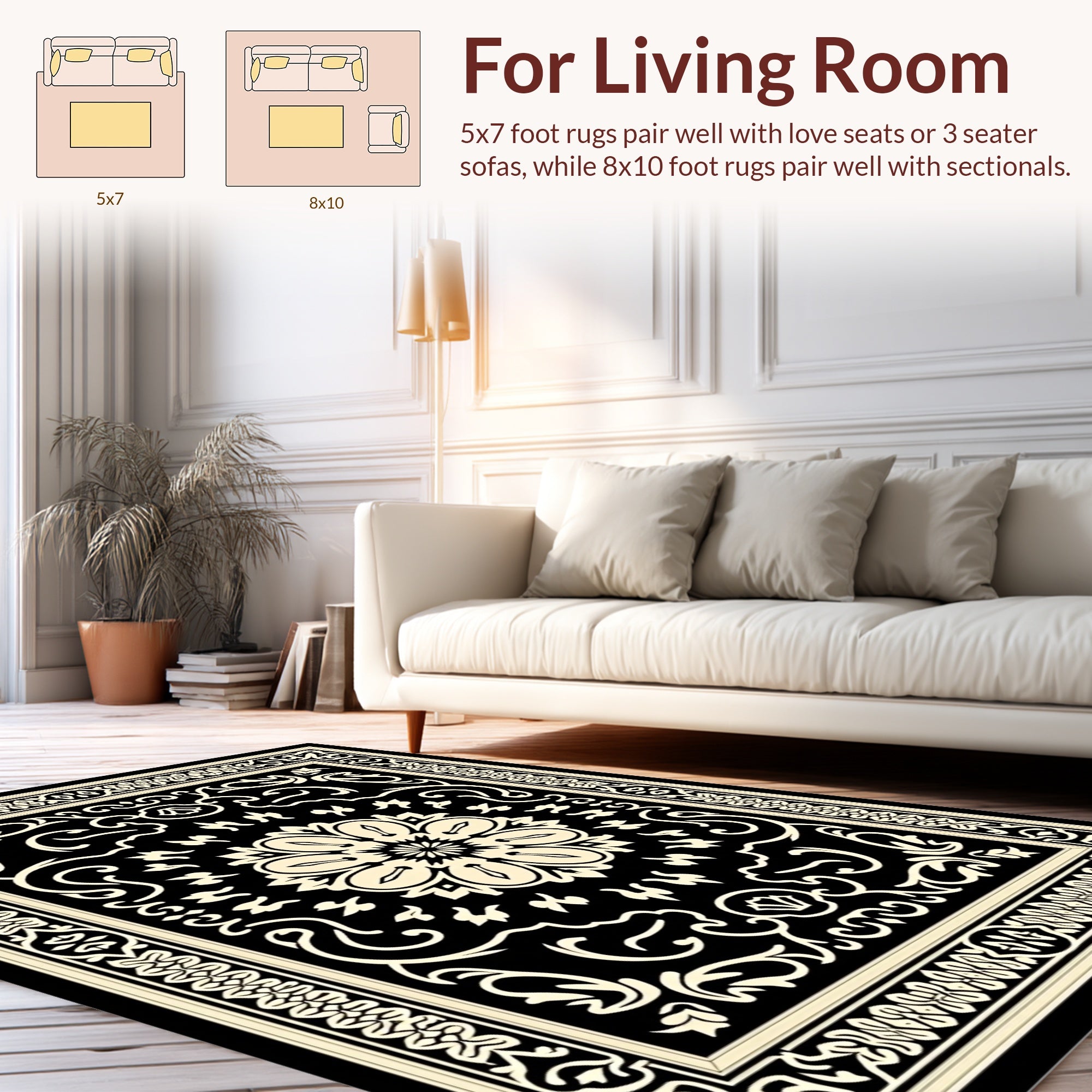 Black White Ornate Floral Rug