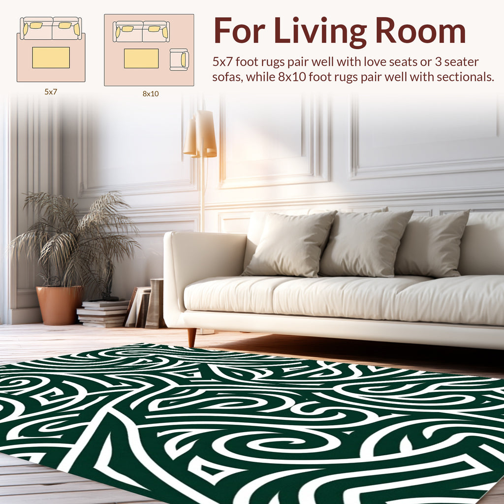 Intricate White Swirls on Dark Green Field Rug