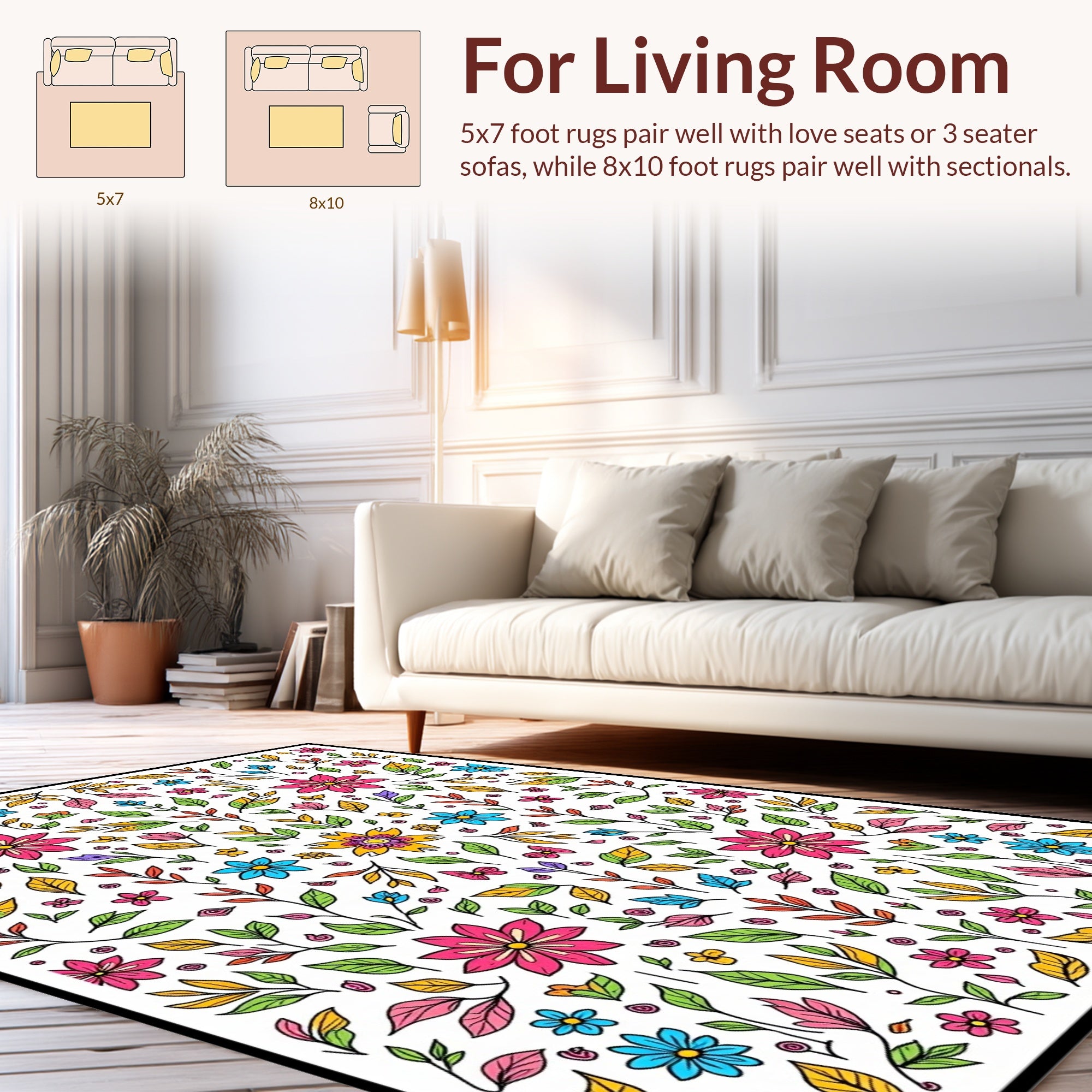 Vibrant Floral Vines Leaves Pattern Rug