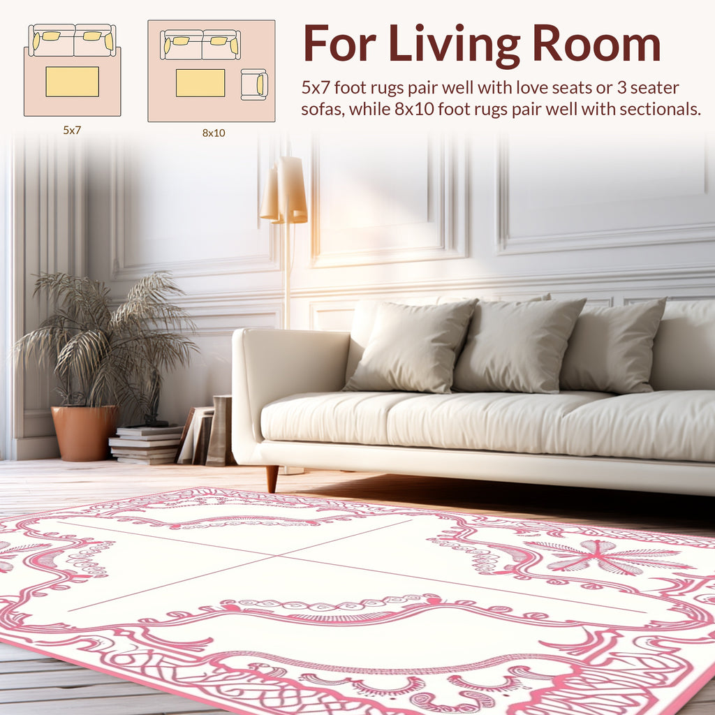 Pink Ornate Floral Border Design Rug