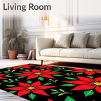 Bold Red Poinsettia Black Floral Rug