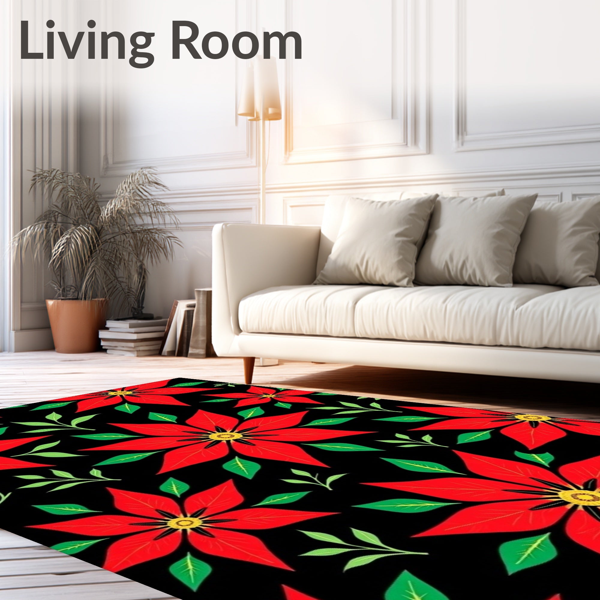 Bold Red Poinsettia Black Floral Rug