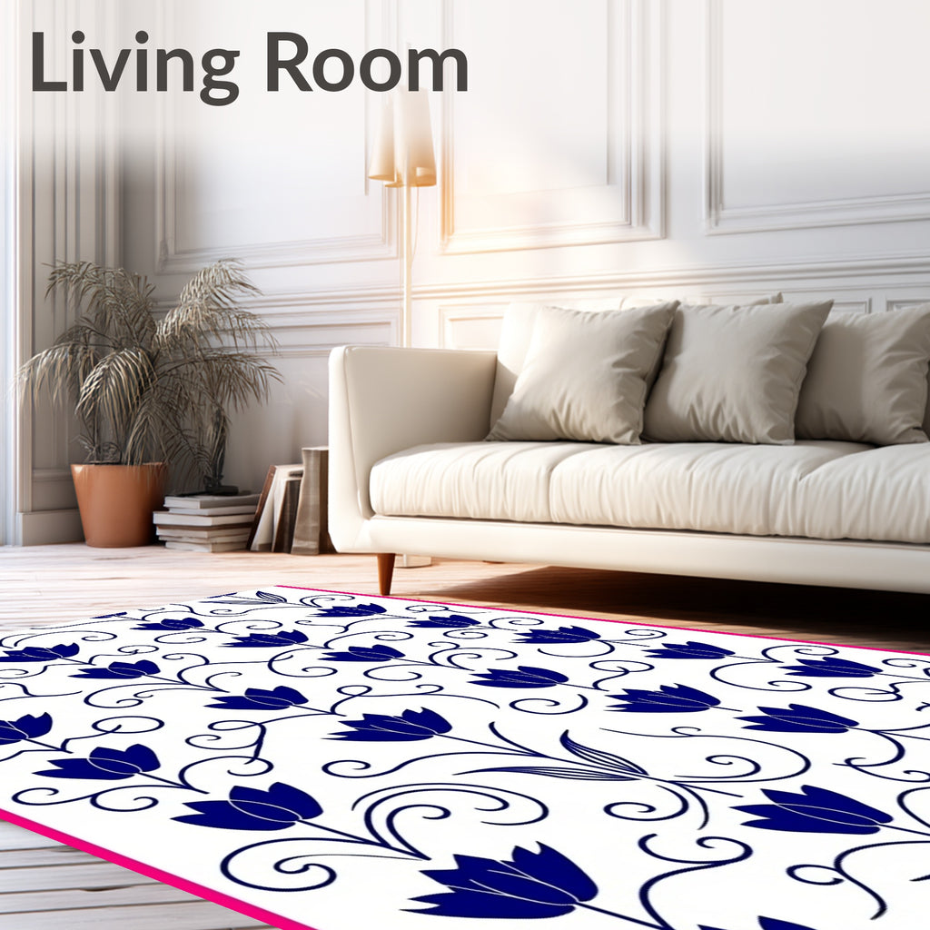 Navy Blue Floral Swirl Vine Rug
