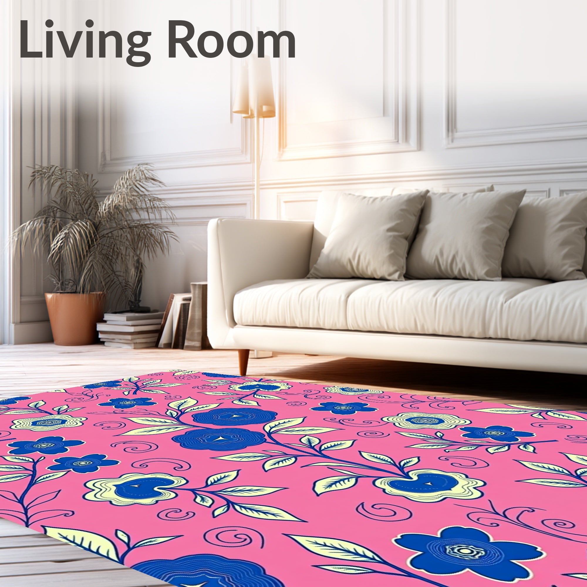 Vibrant Blue Floral Swirl Pink Rug