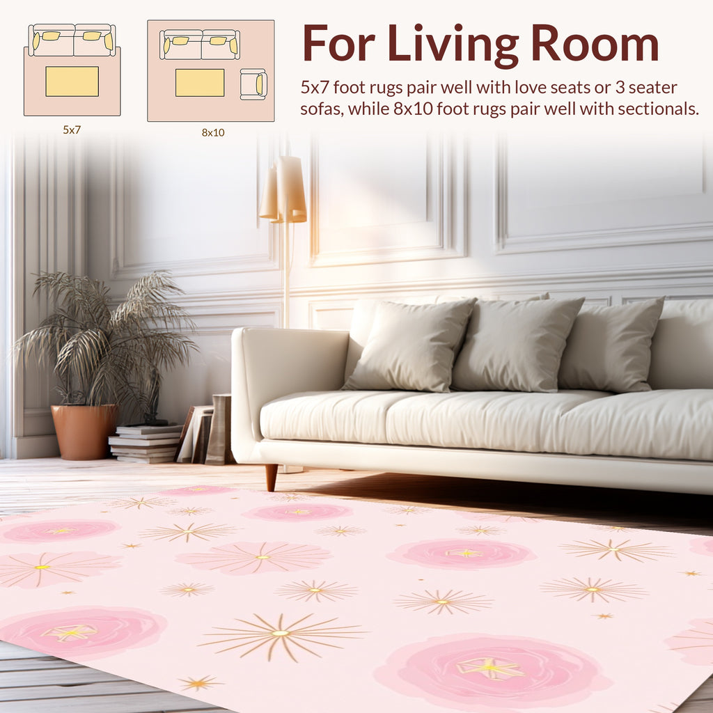 Whimsical Pink Floral Gold Starburst Rug