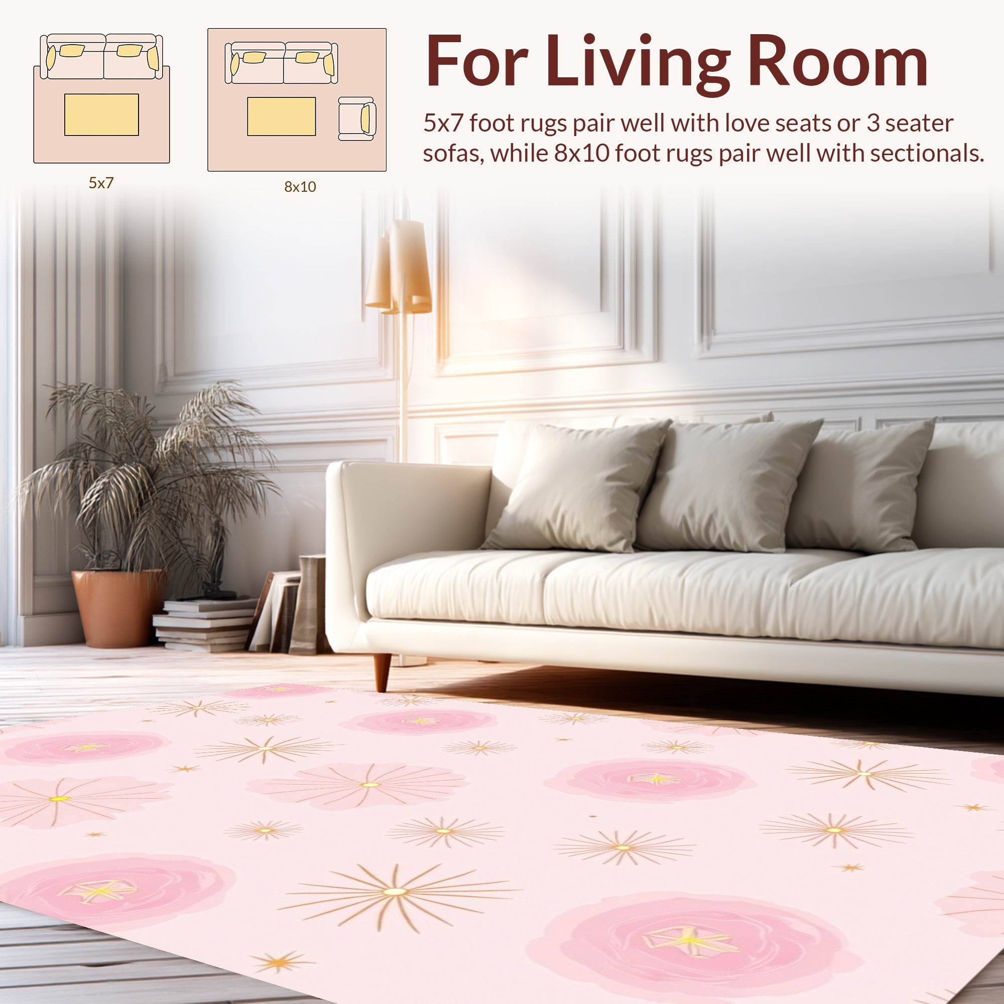 Whimsical Pink Floral Gold Starburst Rug
