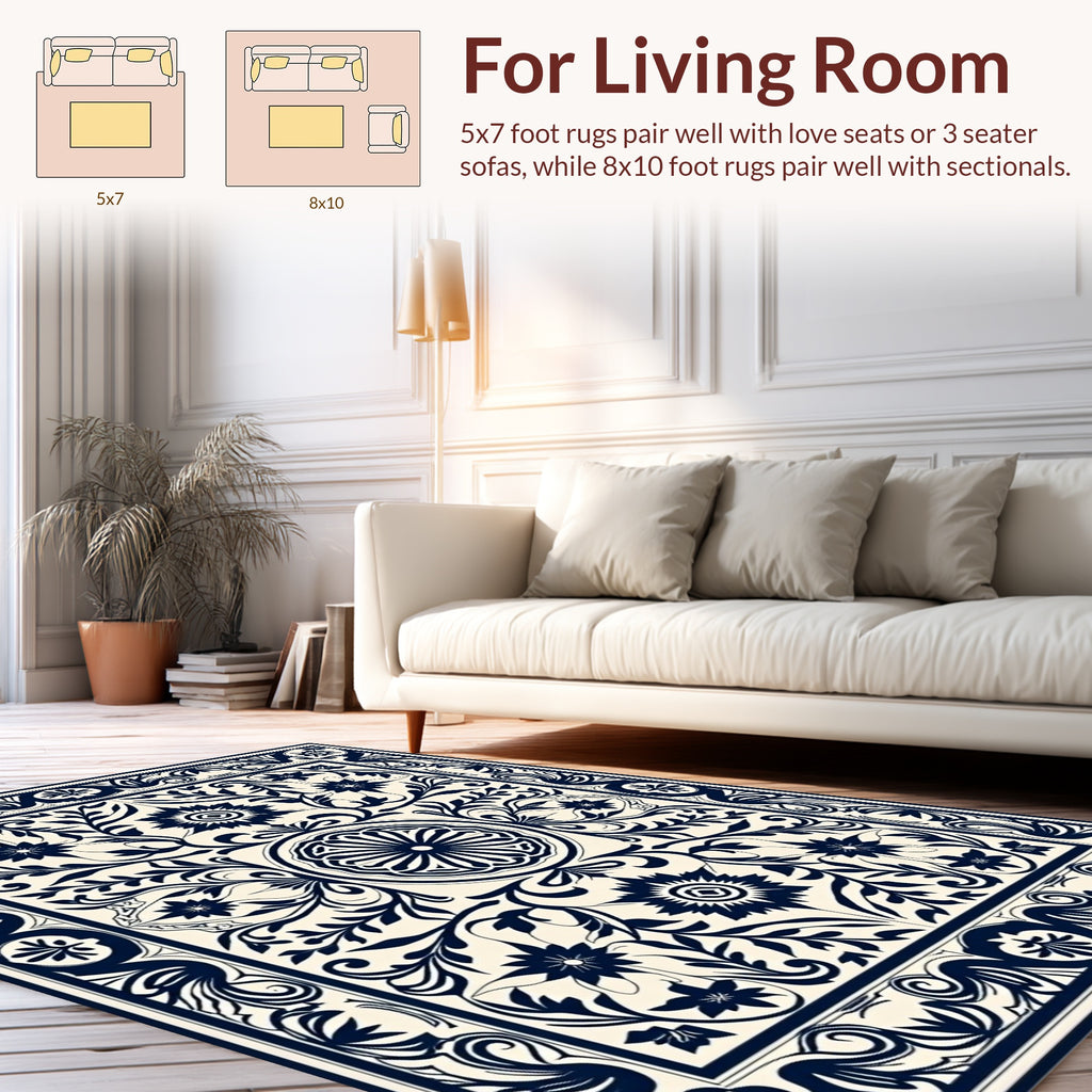 Classic Navy Floral Vines Artwork Rug
