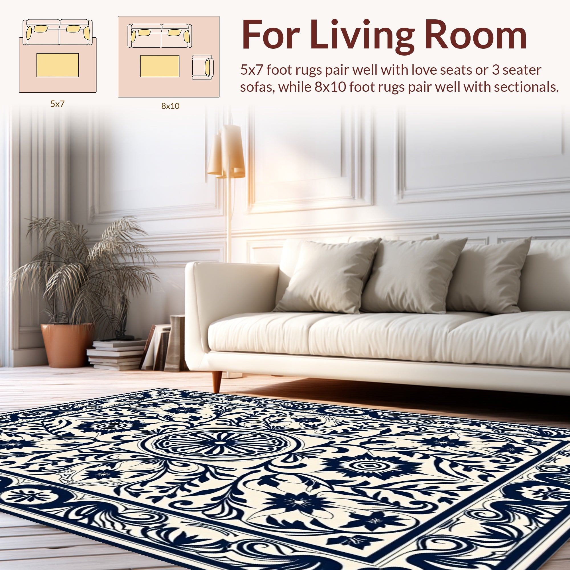 Classic Navy Floral Vines Artwork Rug