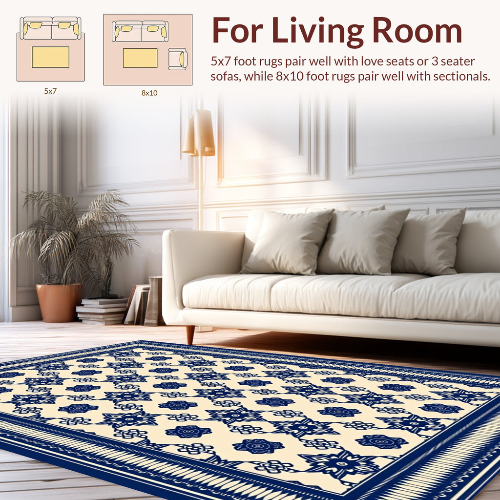 Classic Blue and Cream Intricate Floral Pattern Rug