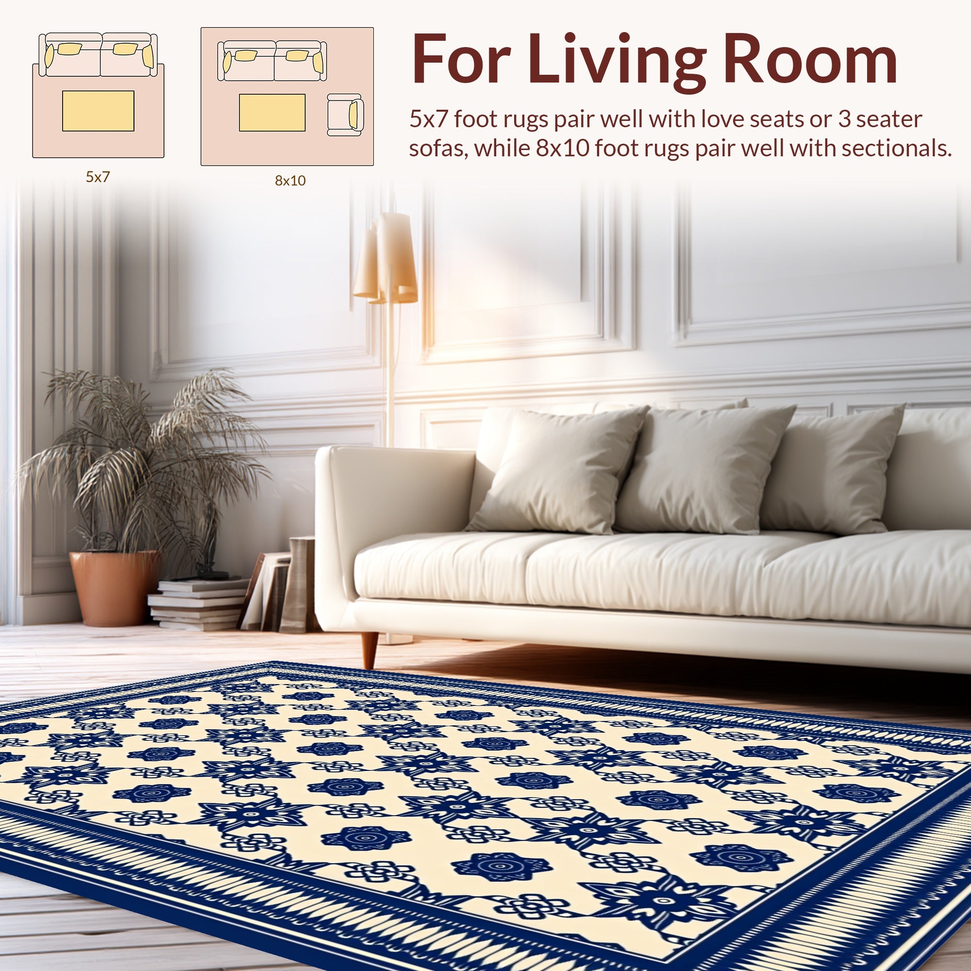 Classic Blue and Cream Intricate Floral Pattern Rug
