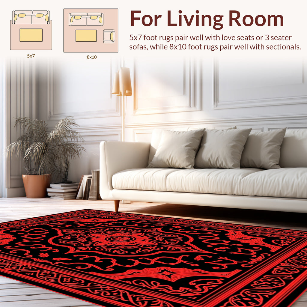 Ornate Red Black Floral Motif Rug