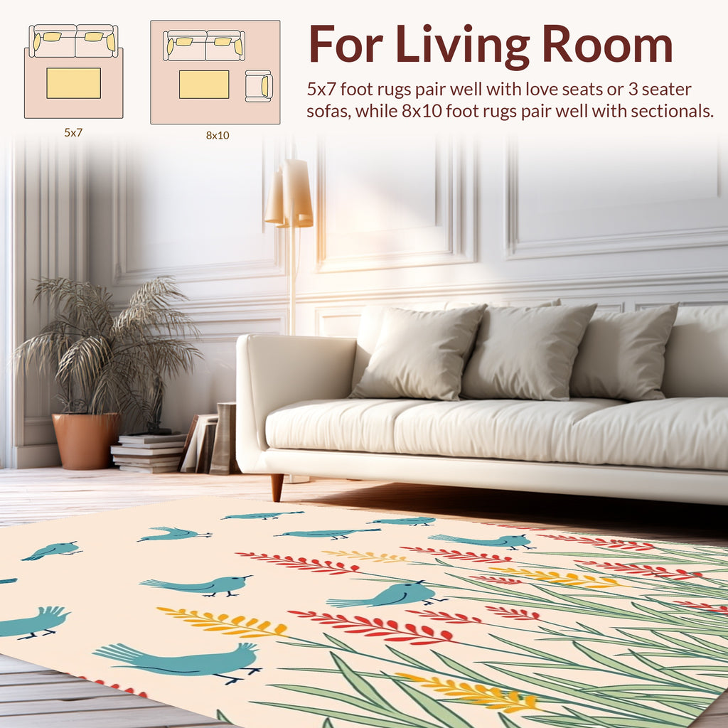 Whimsical Blue Birds Floral Pattern Rug