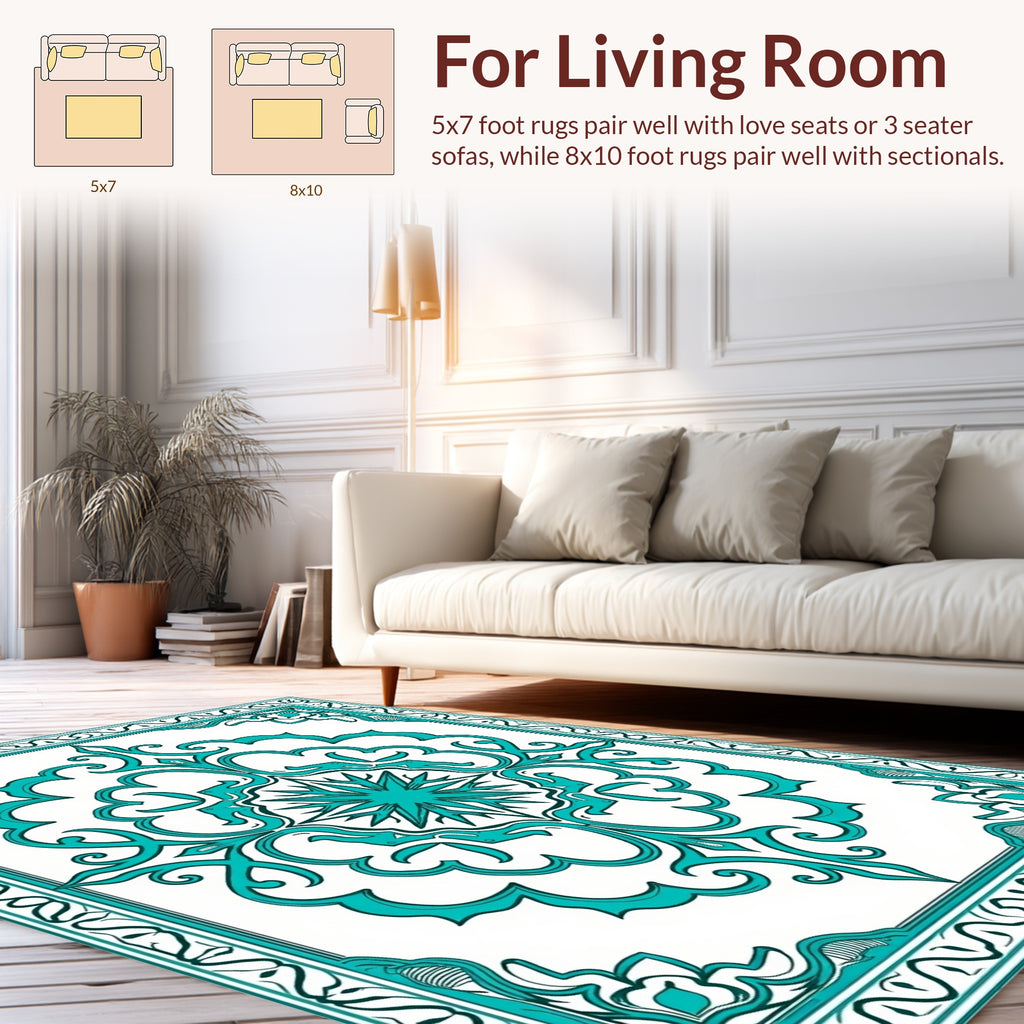 Ornate Teal Floral Mandala Pattern Rug