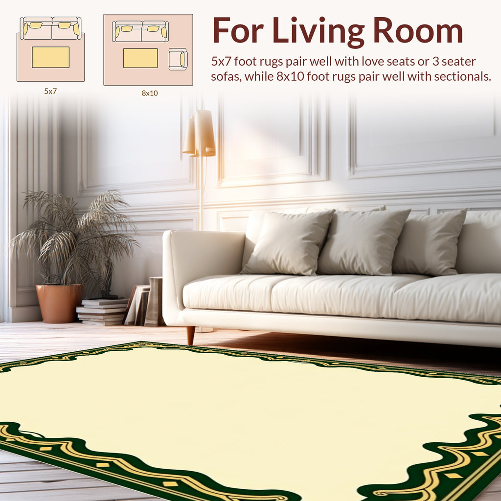 Ornate Green and Gold Damask Pattern Rug