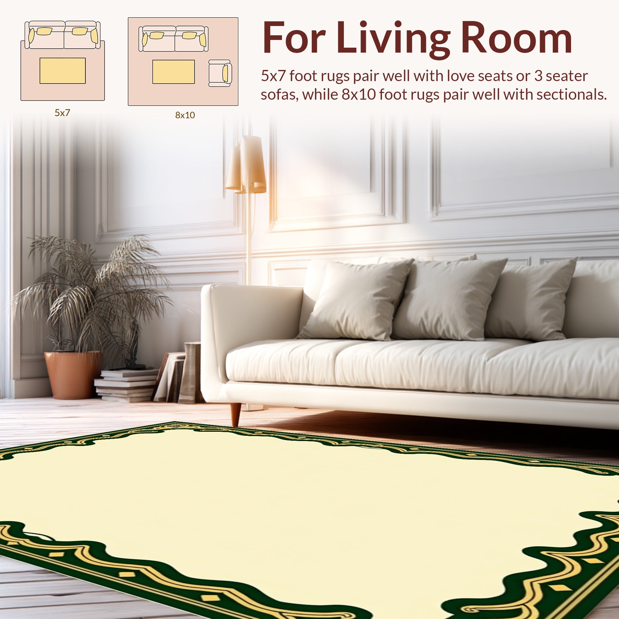 Ornate Green and Gold Damask Pattern Rug