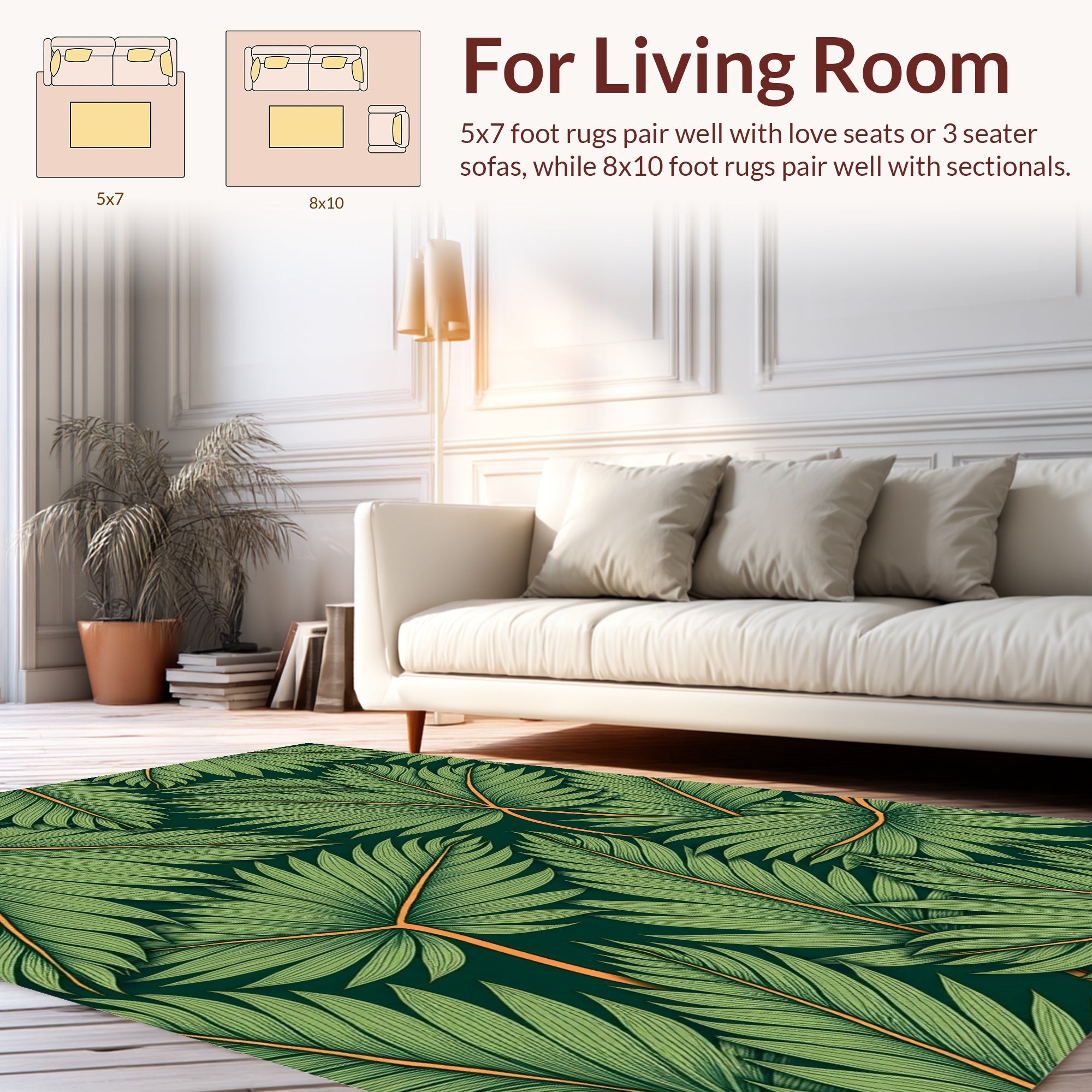 Lush Green Palm Frond Pattern Rug
