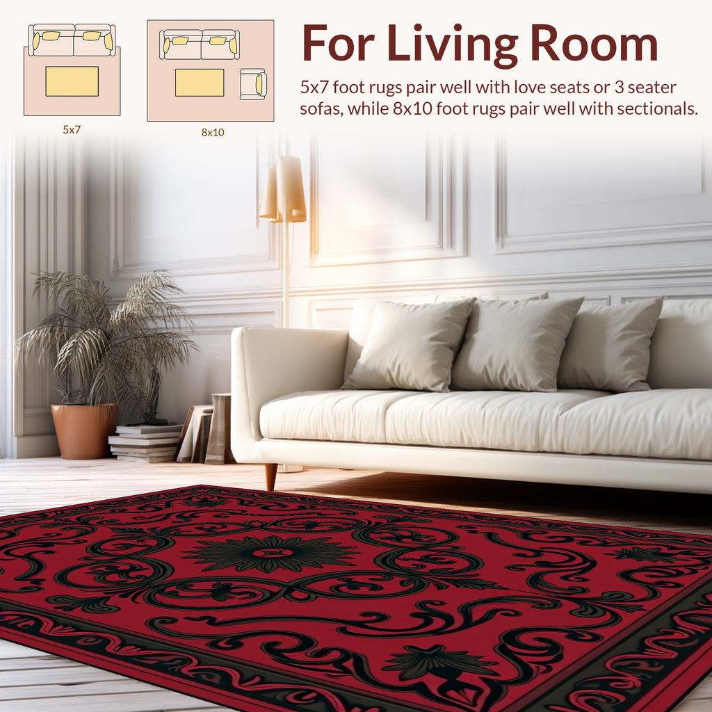 Dark Red Black Ornate Scrollwork Rug