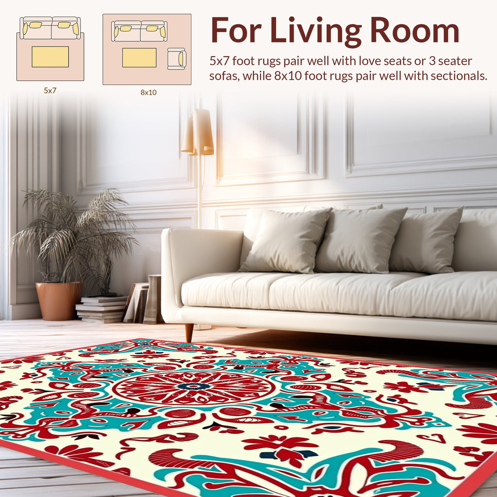 Red Teal Geometric Mandala Pattern Rug