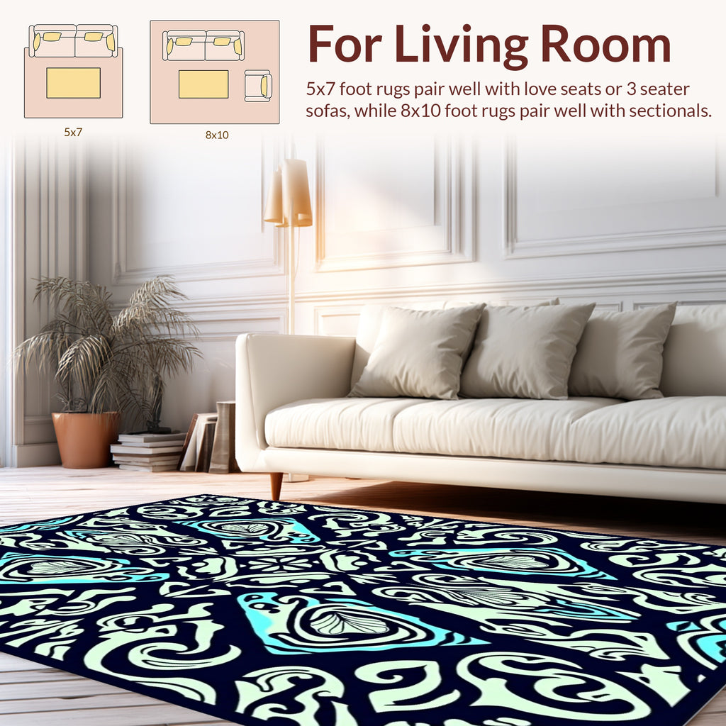 Dark Teal Abstract Scroll Pattern Rug