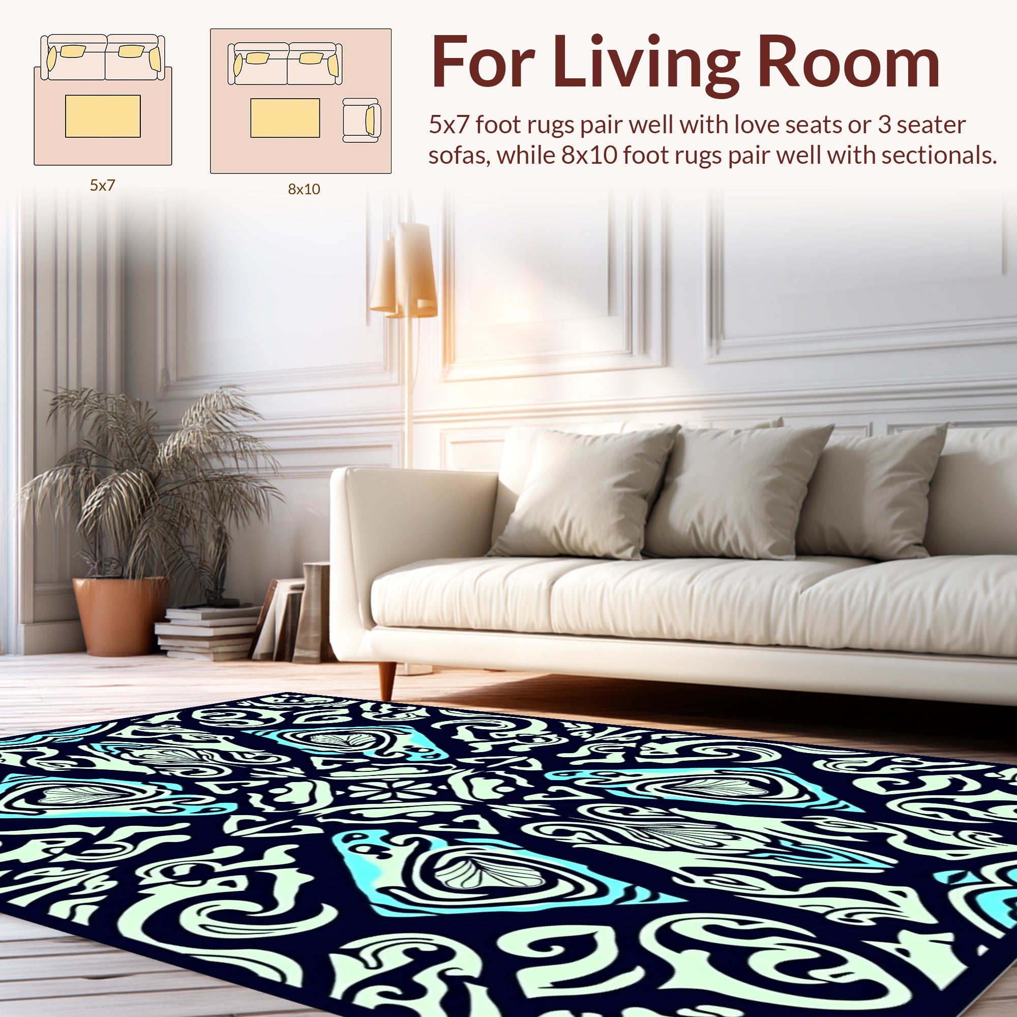 Dark Teal Abstract Scroll Pattern Rug