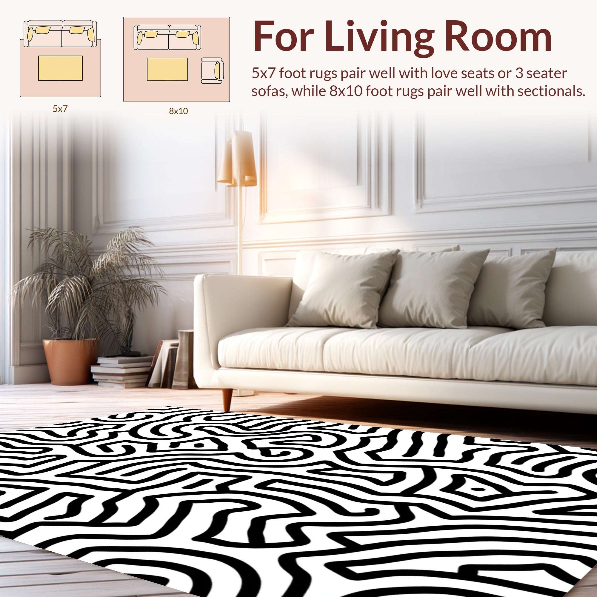 Black White Organic Maze Pattern Rug