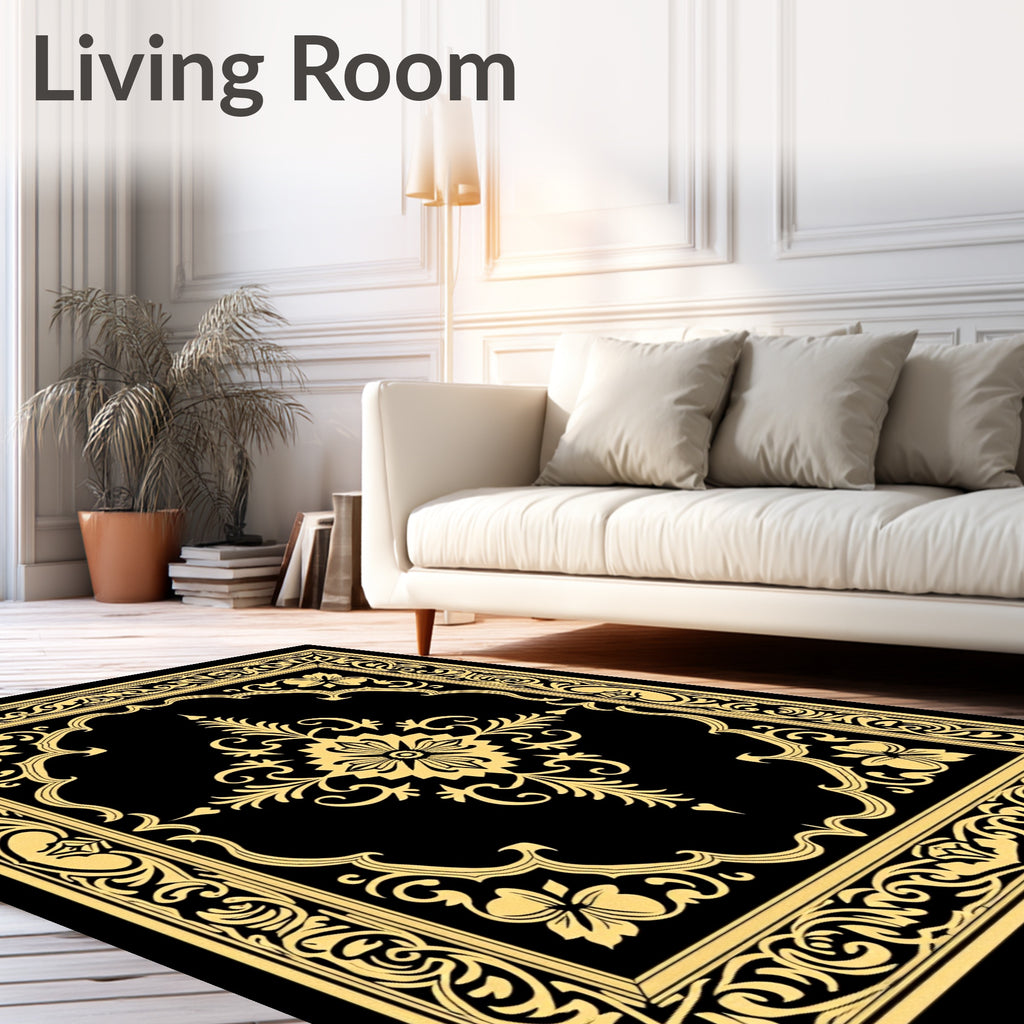 Ornate Floral Scrollwork Black Gold Rug