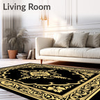 Ornate Floral Scrollwork Black Gold Rug