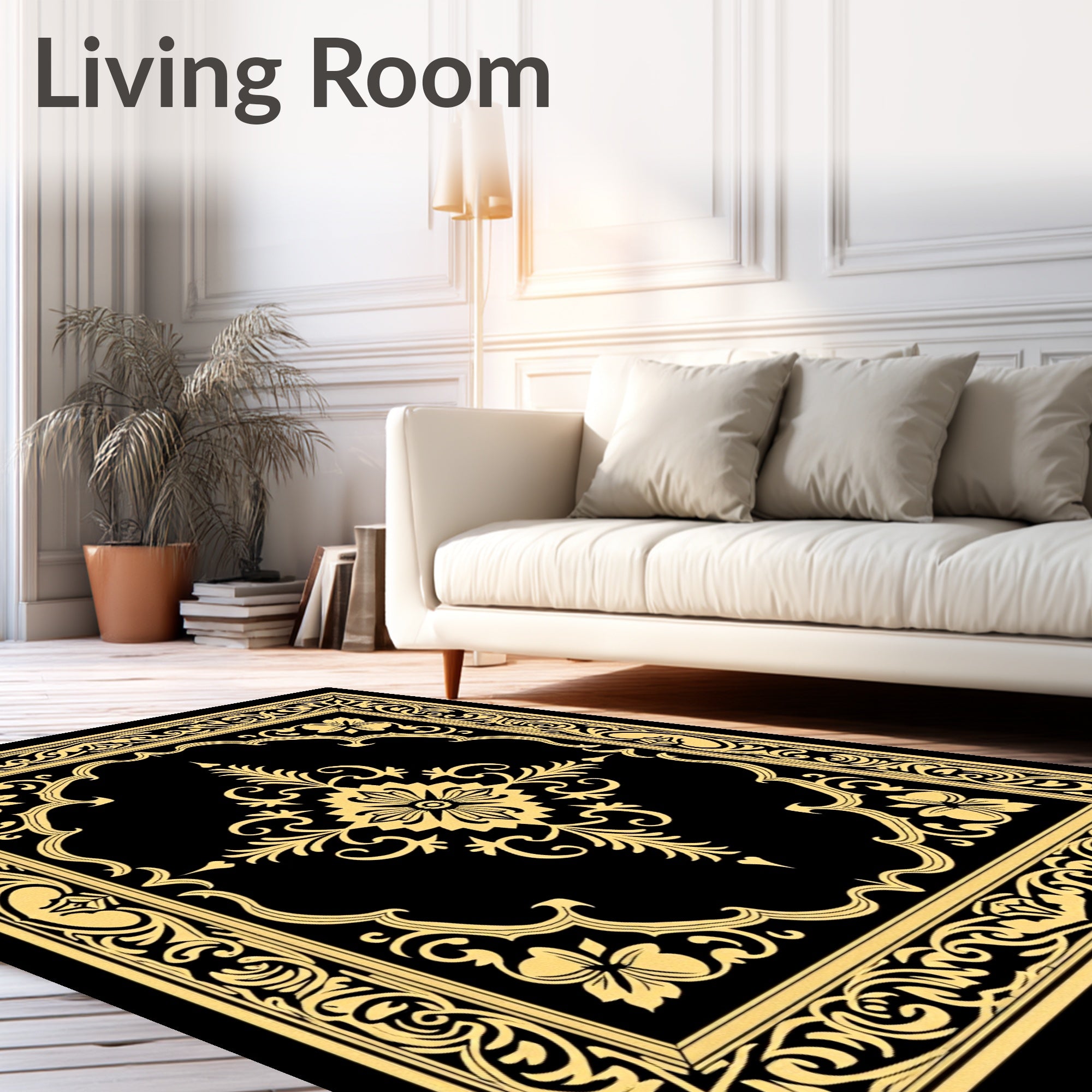 Ornate Floral Scrollwork Black Gold Rug