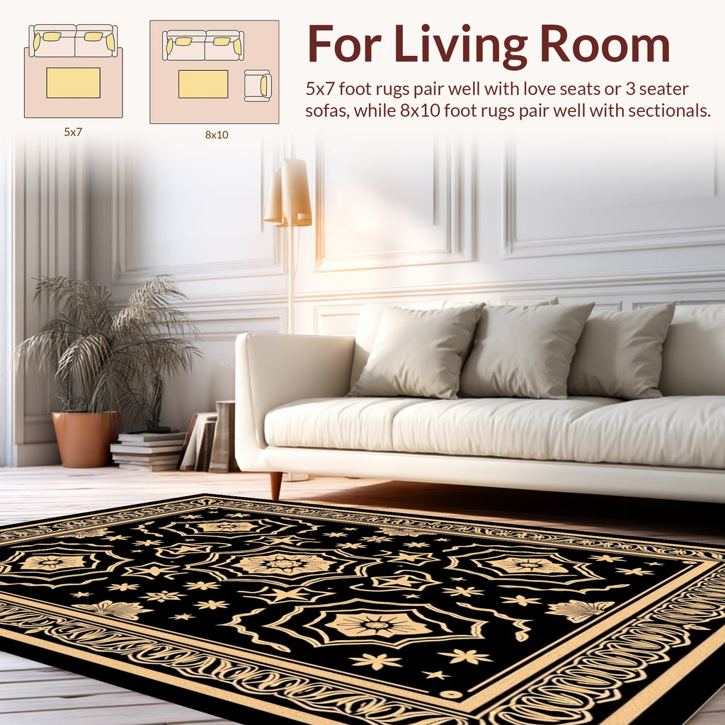 Ornate Black Gold Mandala Pattern Rug