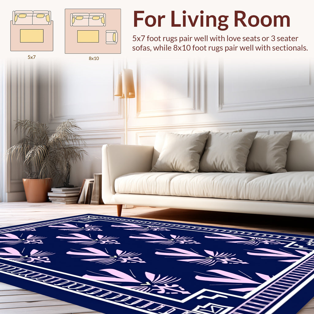 Pink Fan Pattern Navy Decorative Rug