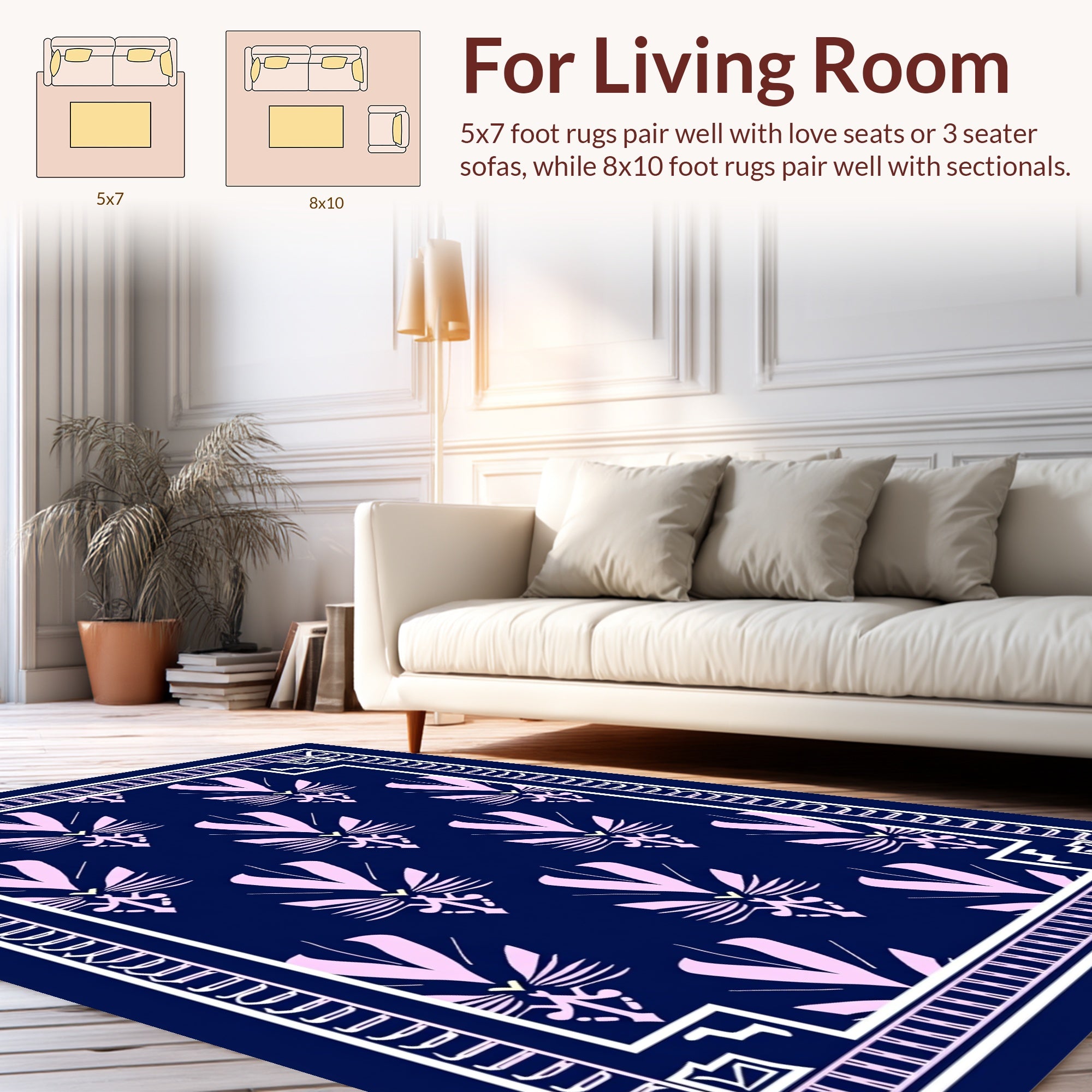 Pink Fan Pattern Navy Decorative Rug